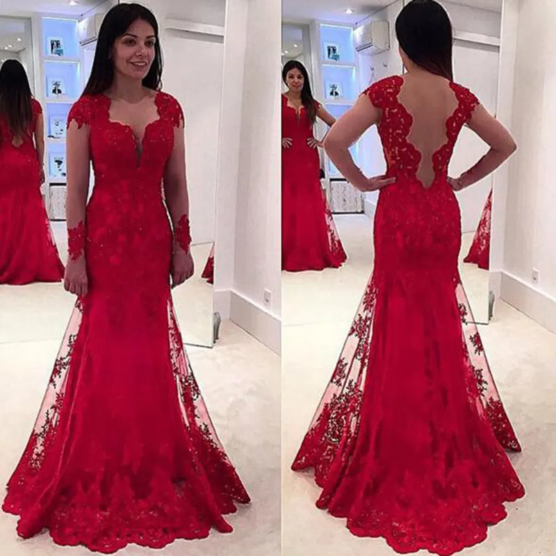 Full Lace Red Evening Dresses Mermaid Sexy V Neck Long Sleeves Appliques Formal Gowns Sheer Backless Floor Length Celebrity Prom Dresses