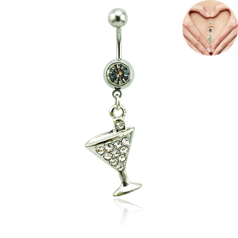 Brand New Nombril Anneaux En Acier Chirurgical Barbell Dangle Blanc Strass Vin Verre Nombril Piercing Bijoux266M