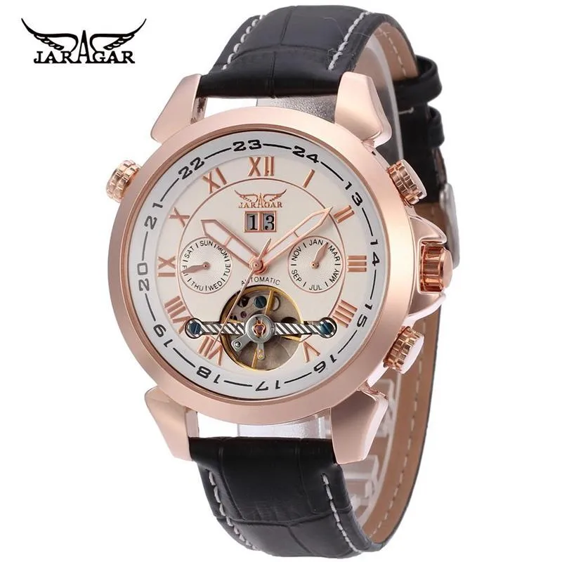 Luxury Jaragar Rose Golden Multifunktionell Tourbillon Automatisk mekanisk Man Armbandsur Leather Watch Datum 24h Automatiska Klockor