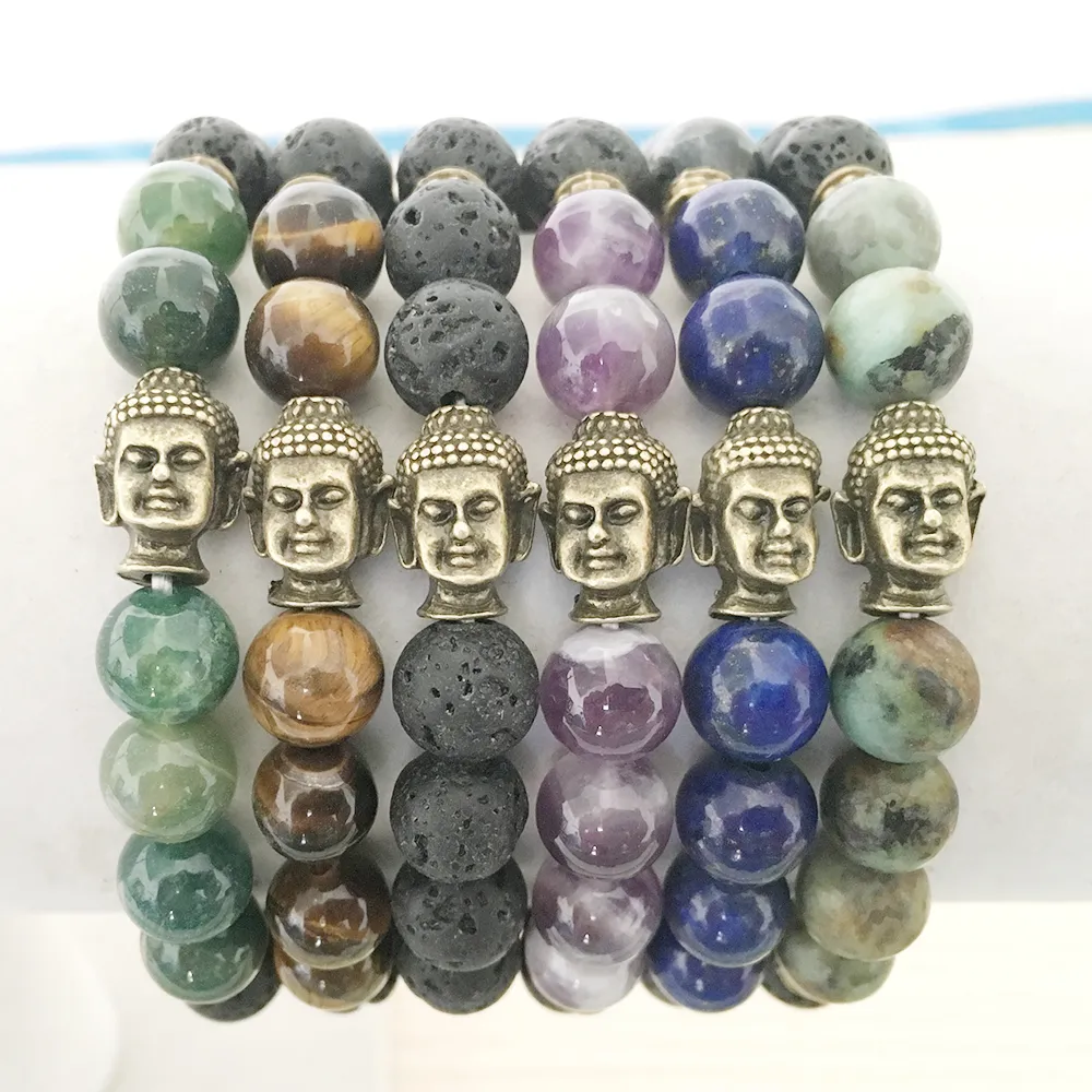 SN1111 Bracciale da uomo Buddha Yoga Bracciale Chakra Lave Bracciale con perline Muschio Agata Ametista Occhio di tigre Bracciale turchese africano