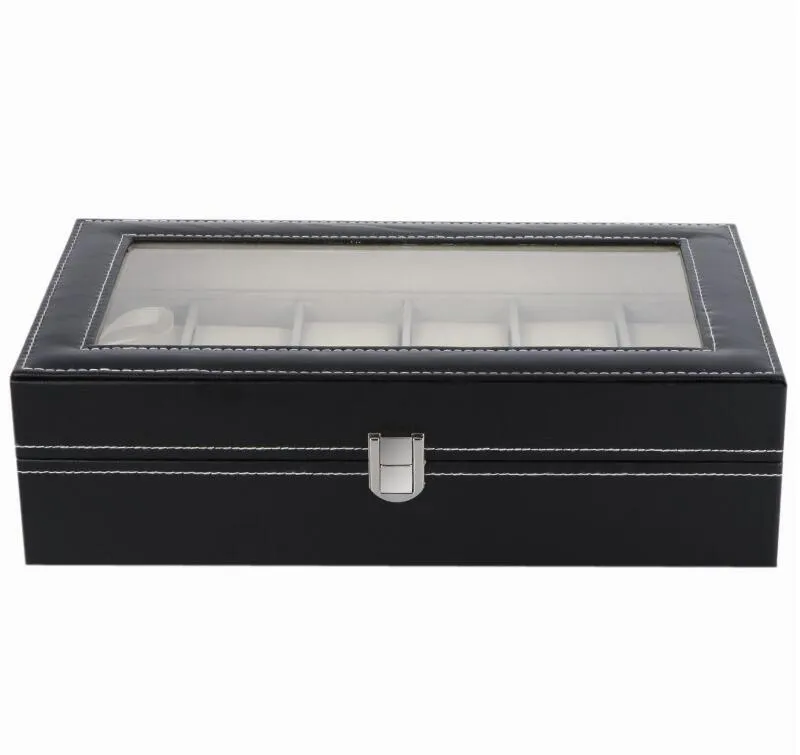 Högsta kvalitet Märke PU Läder Titta Display Case Smycken Samling Arrangör Box 12 Grid Slots Klockor Skärm Lagring Fyrkant Box Fodral