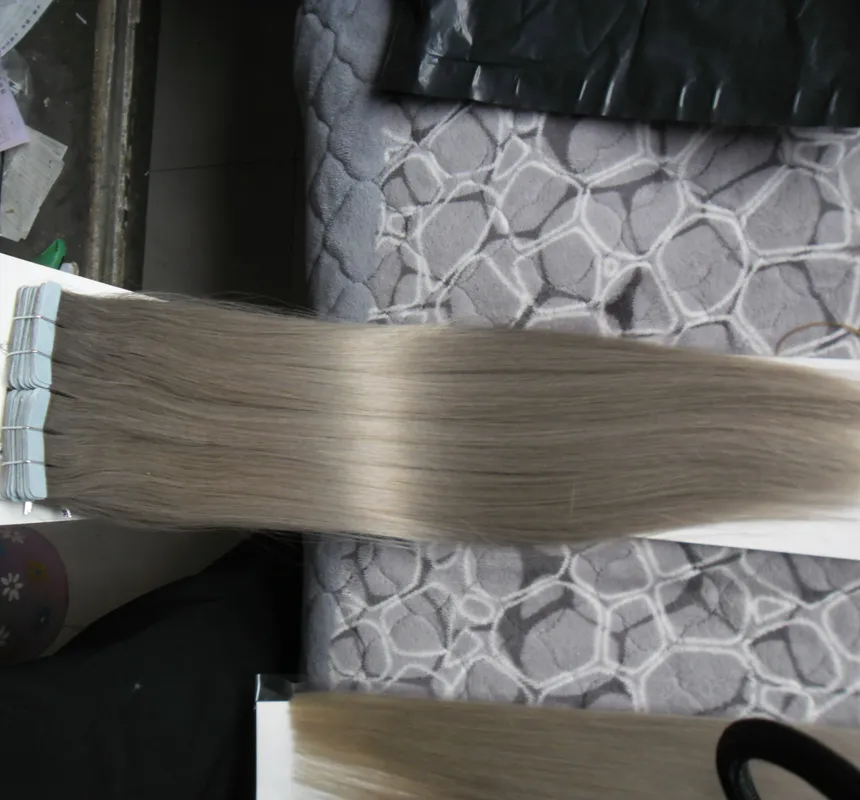 Silver Grey Hair Extensions Seamless Remy 100g Tape In Human Extensions 100g  PU Skin Väftband Hårförlängningar Hårprodukter