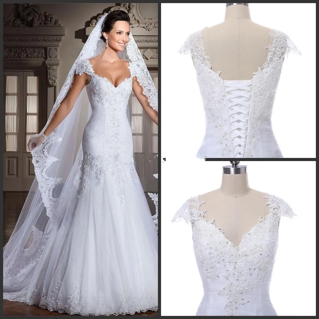 Nouveau L'image réelle nouvelle robe DE noiva blanche sexy sans bretelles sirène appliques perles dos lier la robe DE mariée DE mariée 123