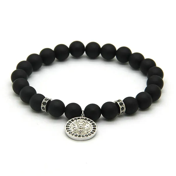 Wholesale 8MM Black Matte Agate Copper Beads Men Micro Pave CZ Lion Head Charm Bracelets Mens Jewelry