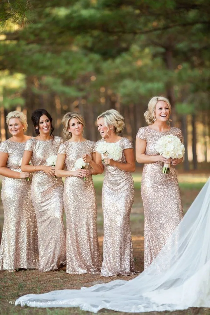 Champagne Gold Sequins Mermaid Bridesmaid платья 2018 с коротким рукавом без спинки длинные пляжные свадьбы платья быстрая доставка