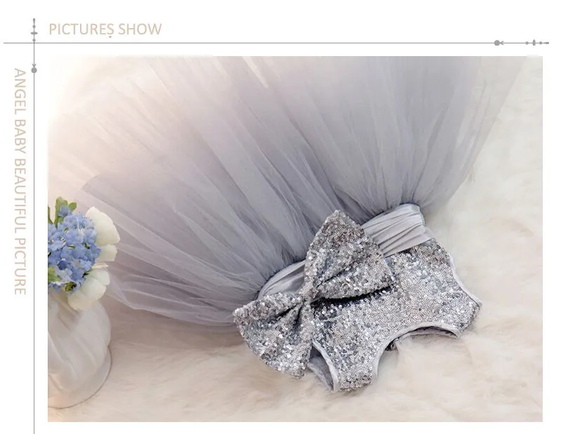 Elegant tjej bröllopsklänning silver paljetter prinsessa blommor flickor födelsedagsklänningar bow tutu dop party klänning vestido batizado480278295274