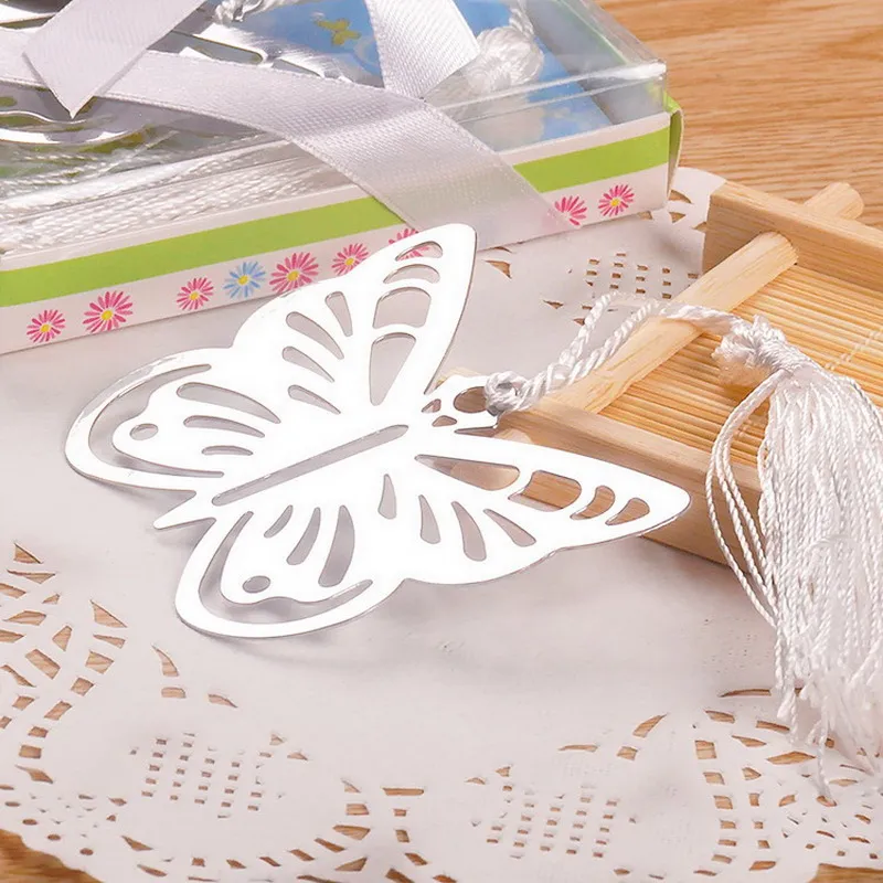 Butterfly Bookmarks Metal с кисточками Канцтовары Подарки Свадебные благополучие из нержавеющей стали Закладка Подарочная коробка Упаковка