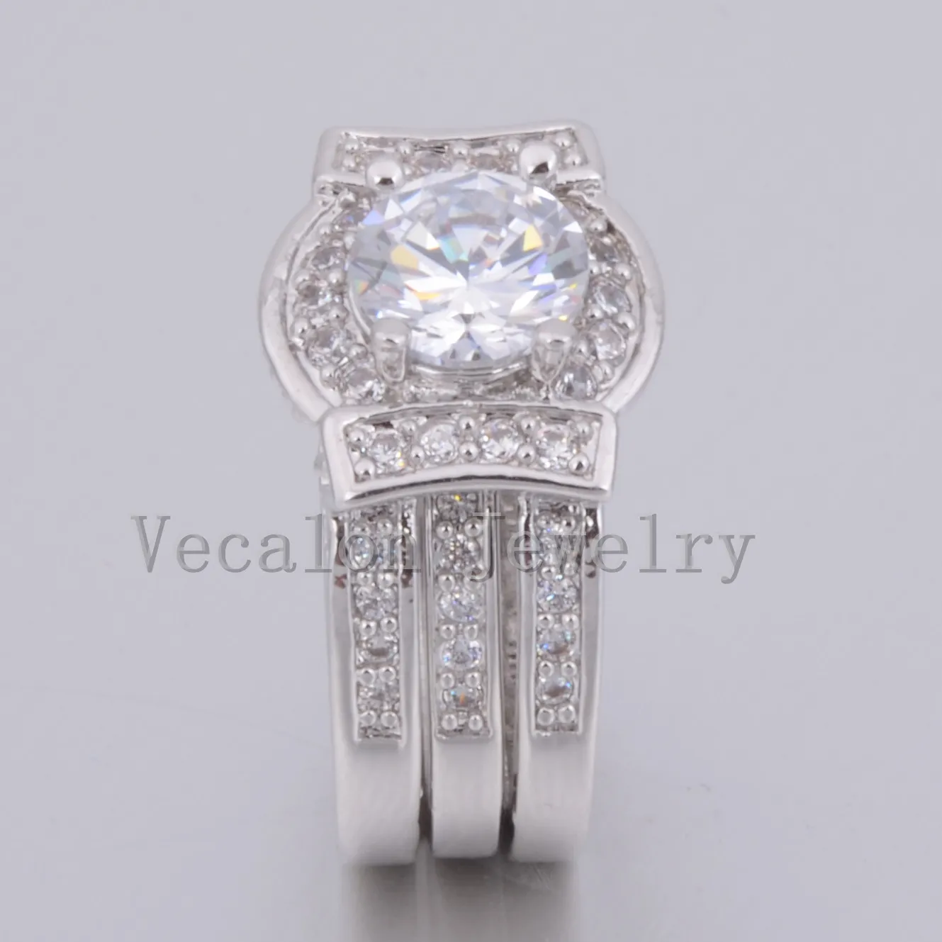 Vecalon ronde coupe 3ct diamant simulé cz 2-en-1 bague de fiançailles de mariage ensemble pour les femmes 14KT or blanc rempli bague de fête