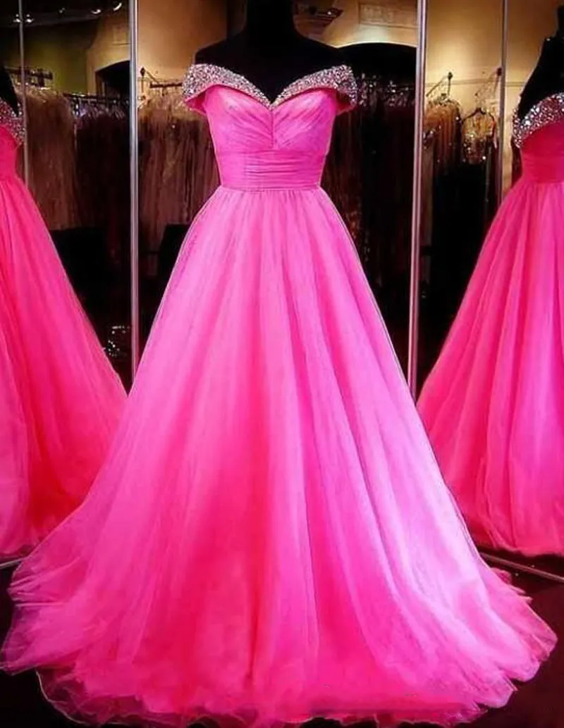 Charmiga Fushia Kristaller Beaded Prom Klänningar Sexig Av Skulder Baklösa Arabiska Aftonklänningar Tulle Bollkakor Formella Party Klänningar