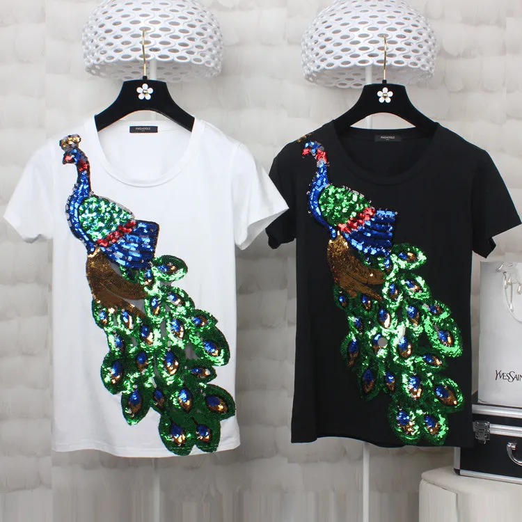 2017 European Fashion Summer New Peacock Sequins Women 100% Pure Cotton T-shirt Female Short Sleeve Black White Round Collar T Shirt