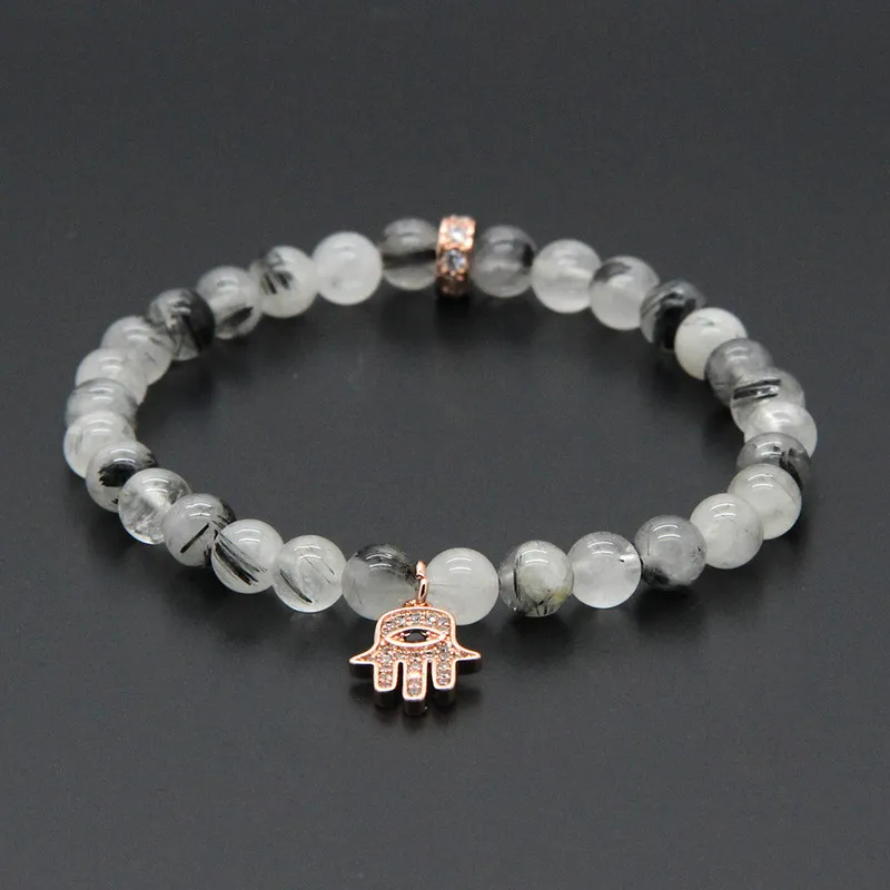 Wholesale 6mm Natural Black Rutilated Quartz Stone with Micro Inlay Zircons Fatima Hand Hamsa Pendant Bracelets