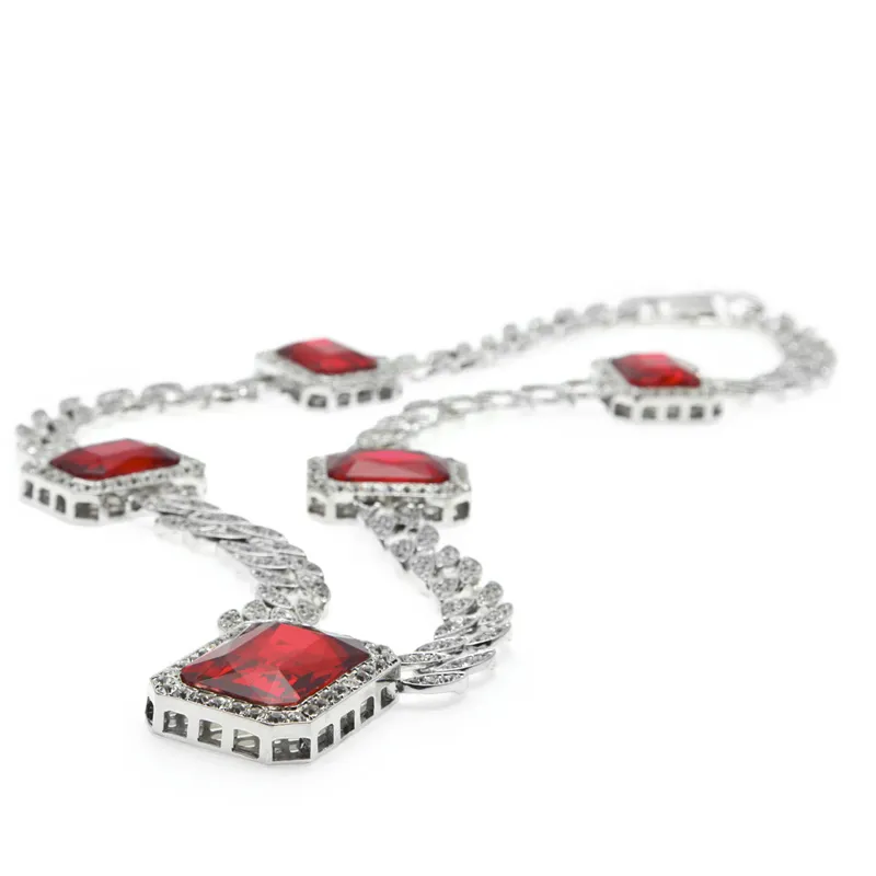 Exagéré Lourd Extra-grossier MIAMI CUBAN LINK Rouge Gemme Pendentif Longues Chaînes Collier Hommes À La Mode Hip Hop Diamante Joyas 76cm Or Argent