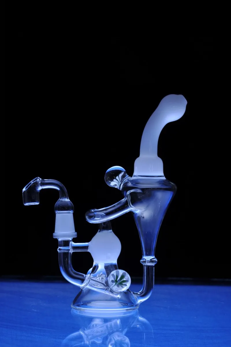 Heady Glass Bongs Double Recycler White Bongユニークなチャンバーオイルダブリグコーンベースフラワーデコレーションチャンバーガラス水パイプ14mmジョイント