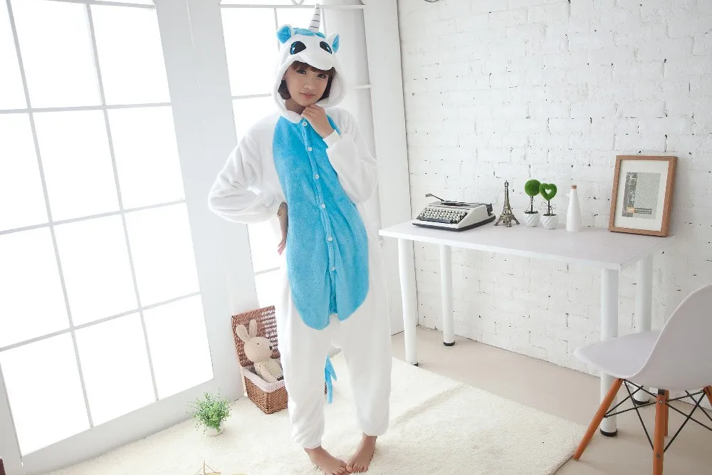 Inverno Kawaii Anime Felpa con cappuccio Pigiama Cosplay Cavallo Adulto Tutina Natale BLU Unicorno Pigiama Costume Blue Unicorn Tutina tuta Sleepwear