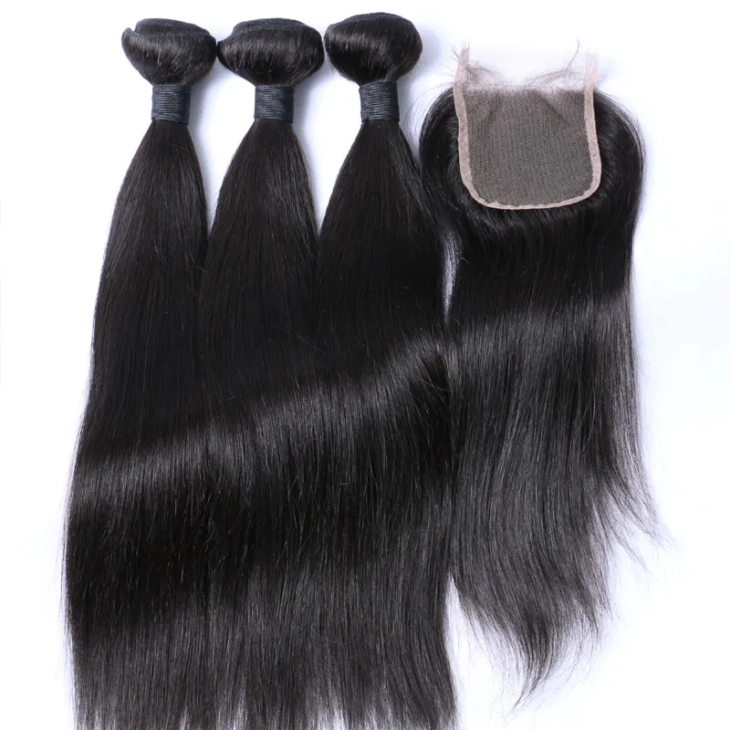 Brazilian Straight Hair Bundles With Closure Human Hair Weaves Closure 3Bundles With Lace Closure 4x4 Free Part Natural Color 1B Color