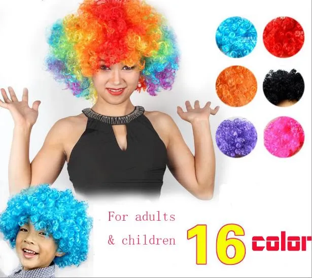 Unisex clownfans Carnival Peruk Disco Circus Rolig Fancy Dress Party Stag Do Fun Joker Vuxen Barn Kostym Afro Lockigt hår Peruk festlig present