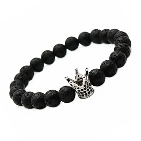 Micro Pave Black CZ Zirconia Gold Plated Crown Beaded Strands Bracelet Jewelry Dull Polish Matte Stone Bead Bracelets For Men