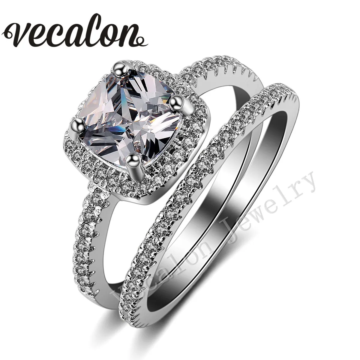 Vecalon 2016 cushion cut 3ct Simulated diamond Cz Wedding Band Ring Set for Women 10KT White Gold Filled Engagement Bridal Sets