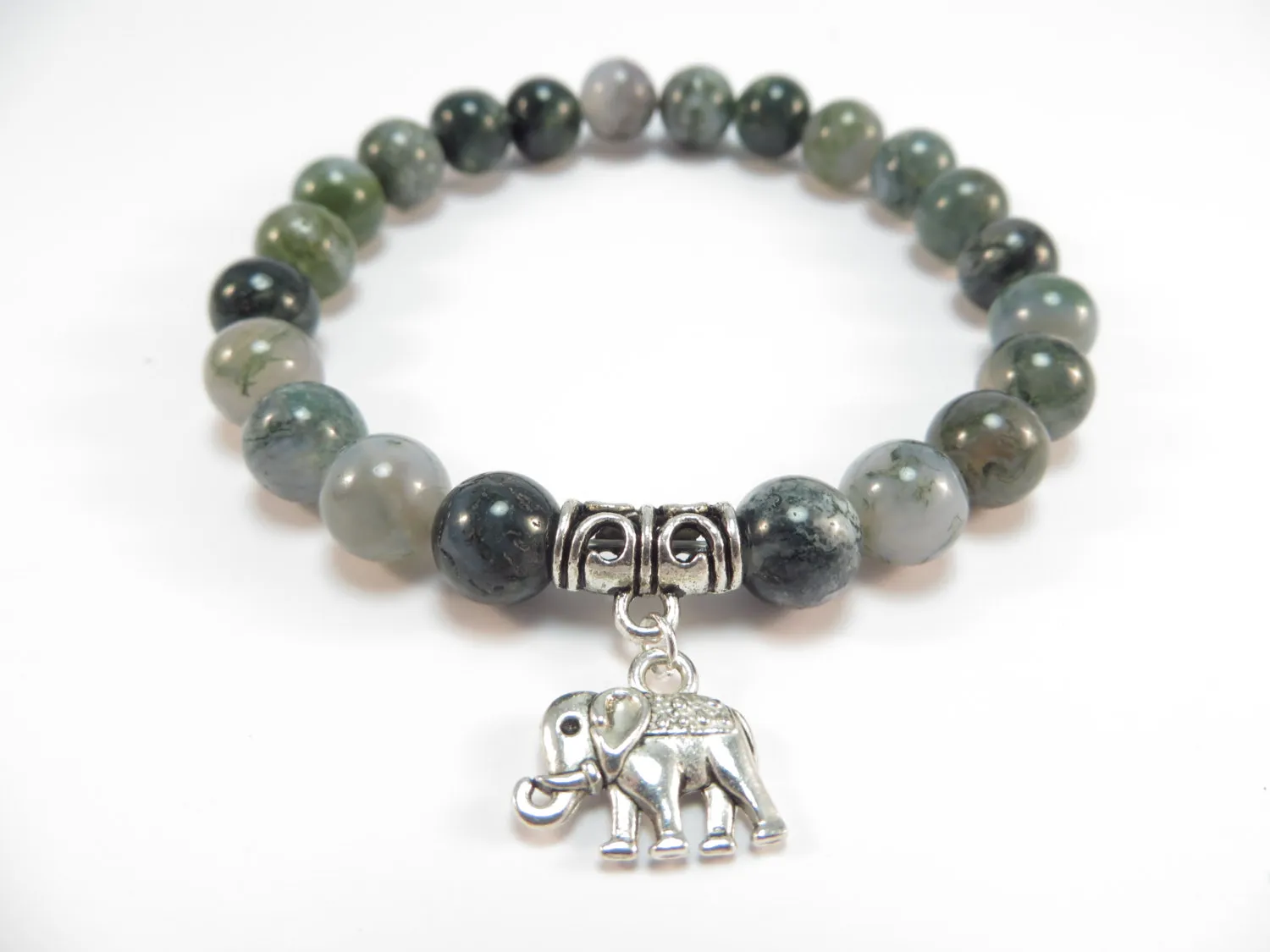 SN1120 Bracciale Mala con elefante sacro, gioielli Mala Yoga, agata muschio, braccialetto con perline Zen, miglior regalo di Natale