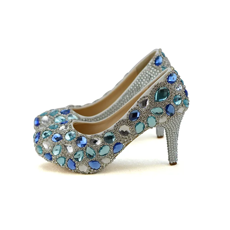 Cristal bleu chaussures de fête de mariage talons hauts embrayage talon épais strass bal pompes cendrillon bal avec sac assorti