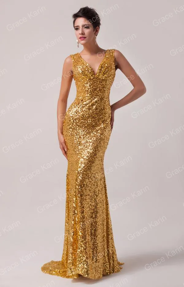 Gold Grace Karin Novo Shining Sequins Vestidos de noite V-pescoço profundo Lace up volta Vestido Sexy Longo Vestido Formal