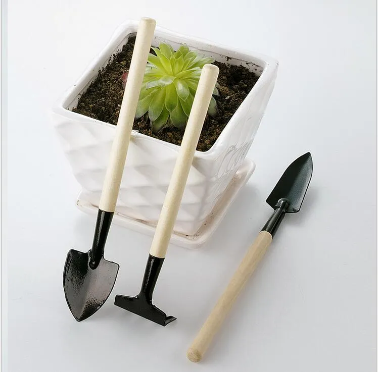 = 3 st Mini Garden Plant Verktyg Små Skovel Rake Spade Trähandtag Metal Head Potted Tools Kids Beach Toy Setl