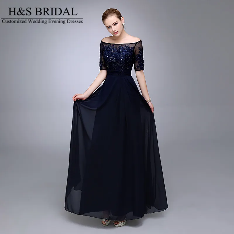 Real Picture Navy Blue Evening Dresses 2016 Half Sleeve Beaded Chiffon Formal Mother of the Bride Groom Dresse Appliqued Lace Formal Gowns