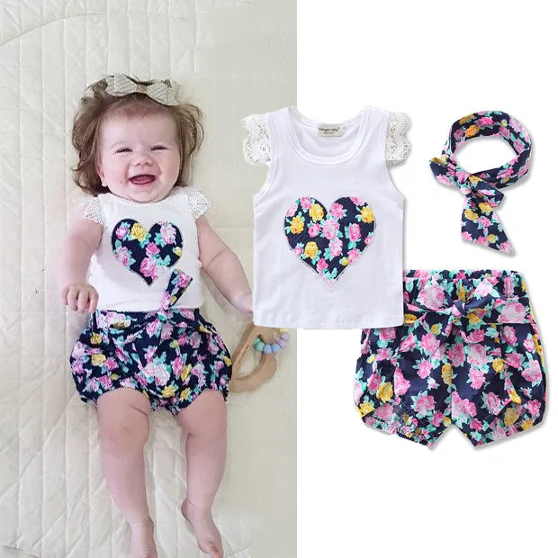 2018 Summer Newborn Baby Girl Clothes Flower Lace Sleeve T-shirt Tops + Shorts Pants + Headband Girls Outfits Set Toddler Clothes 0-24M