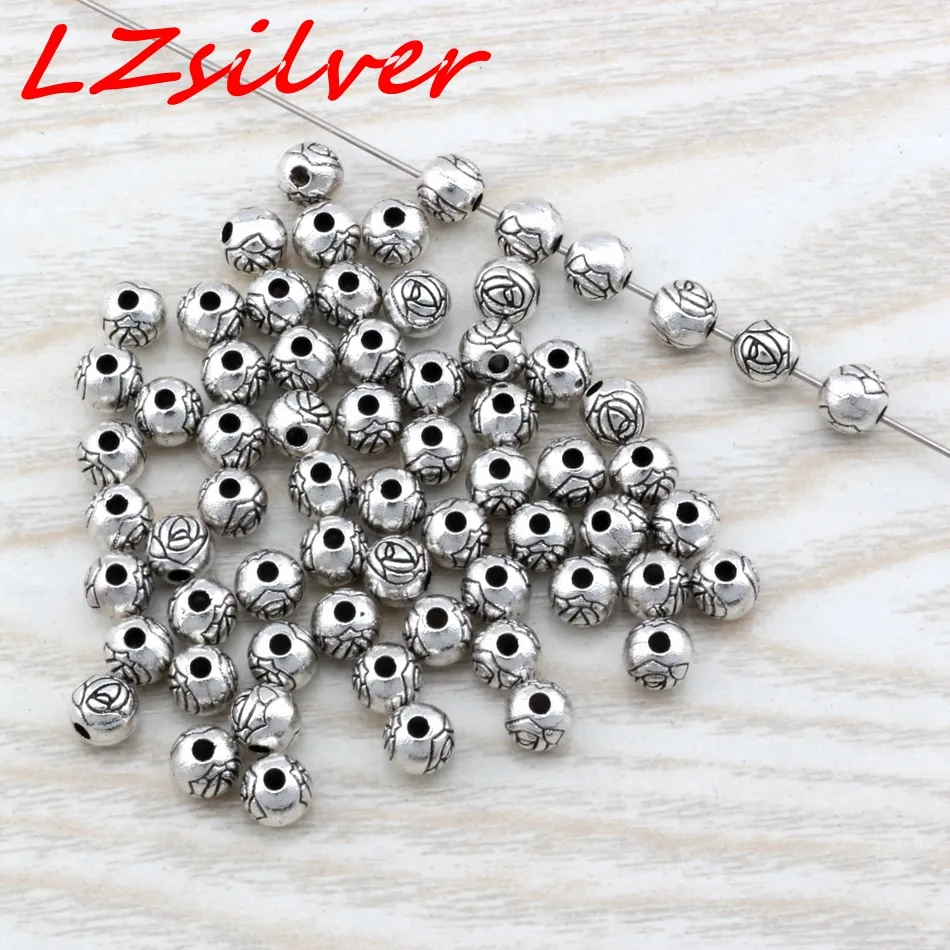 Microfone 300 peças contas espaçadoras redondas de flor de liga de zinco prata antiga 6x55mm joias faça você mesmo d245740570