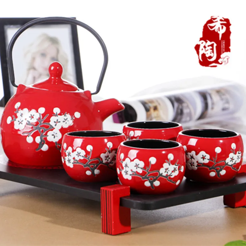 Hot Sale Endulge Japanese Style Ceramic Kungfu Tea Set Red Wedding Gift