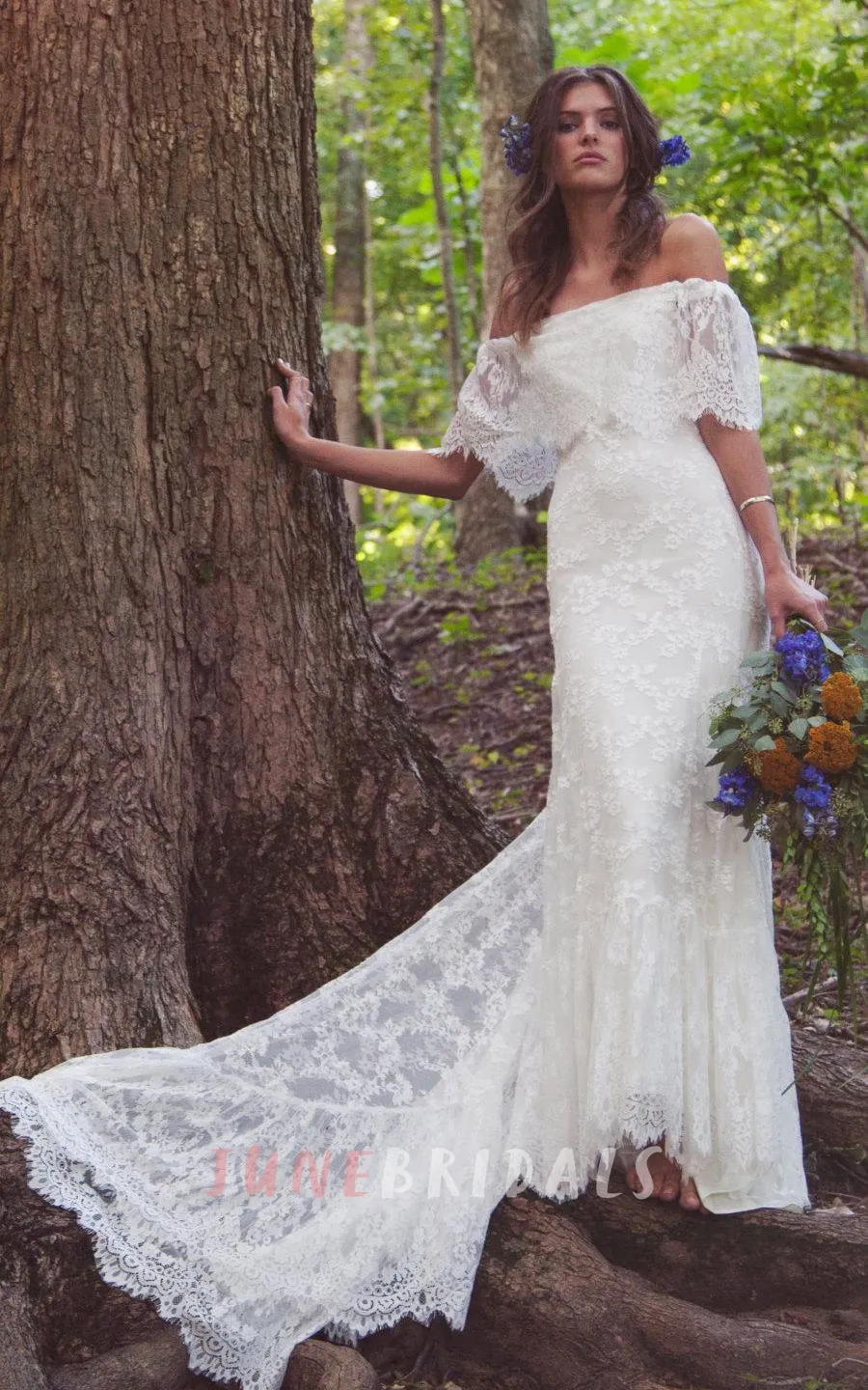 chinese dress ladies Boho Off-Shoulder Sheath Scalloped Lace Wedding Dress with Long Train Diamond White / 12