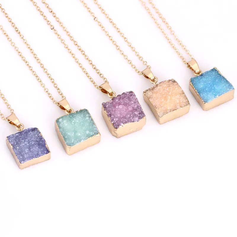 Natural Stone crystal pastel druzy Pendant Necklaces Healing Point Gemstone Necklace original natural stone-style Gold Edged Stones Jewelry