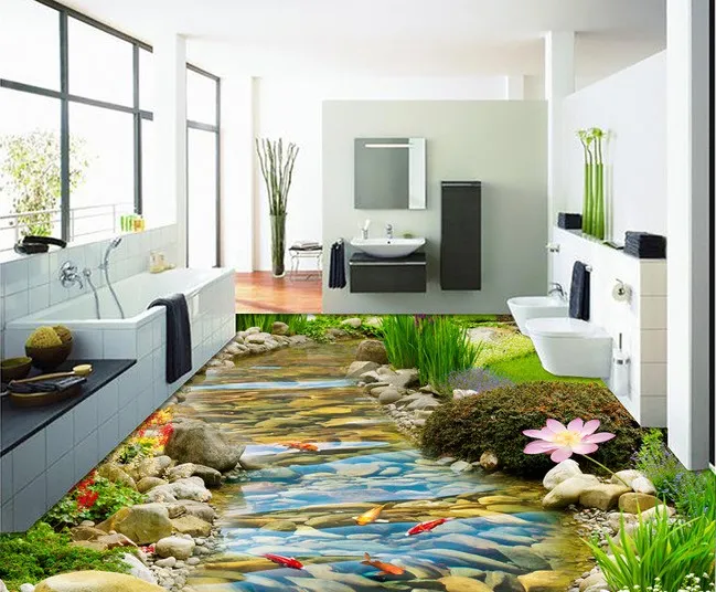 3D PVC Flooring Photo personalizzato Carta da parati Wallpaper Adesivo da parete HD Streams Goldfish Goldfish Decorazione del loto Pittura Immagine 3D Stanza di murales Sfondo murales