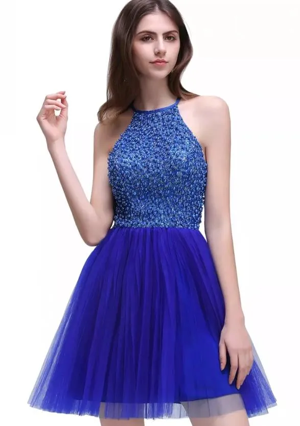 Offener Rücken Tüll Aline Fit Flare Halter Kurzmini Satin Cocktail Party Schwarzes Kleid mit Perlen4337177