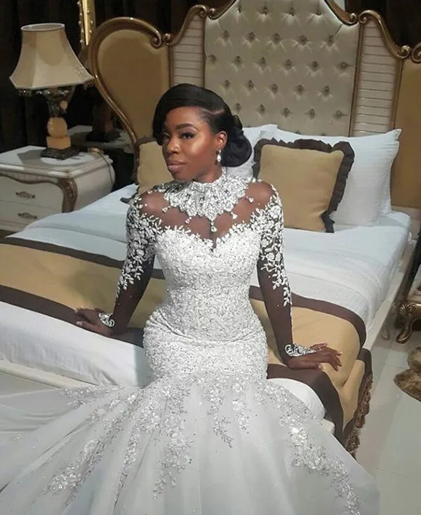 2019 vestido de casamento bling nigeriano vestidos de alta neck ilusão mangas compridas cristais grânulos de lantejoulas lace apliques sereia vestidos de noiva