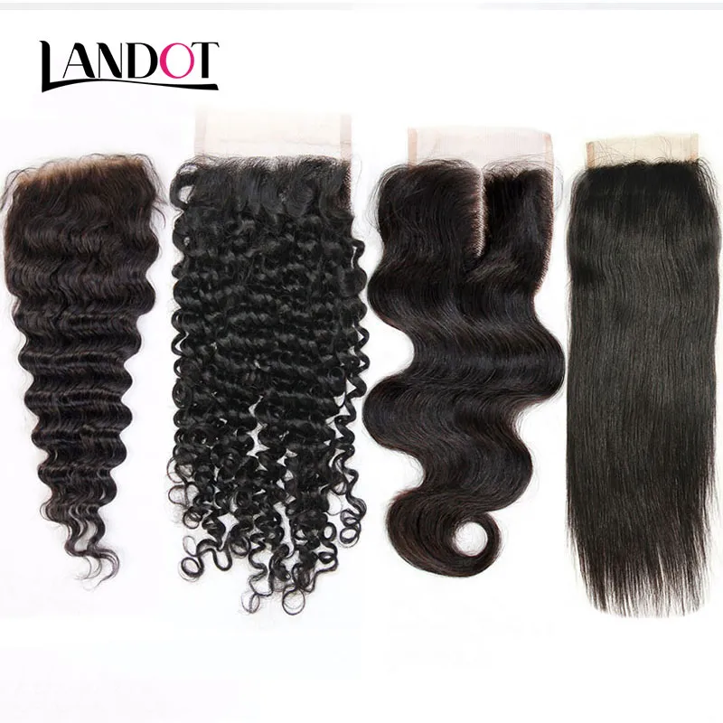 Braziliaanse kant sluiting 4x4 grootte Braziliaanse rechte lichaam wave losse diepe kinky krullend maagd menselijk haar sluiting stukken natuurlijke kleur sluitingen