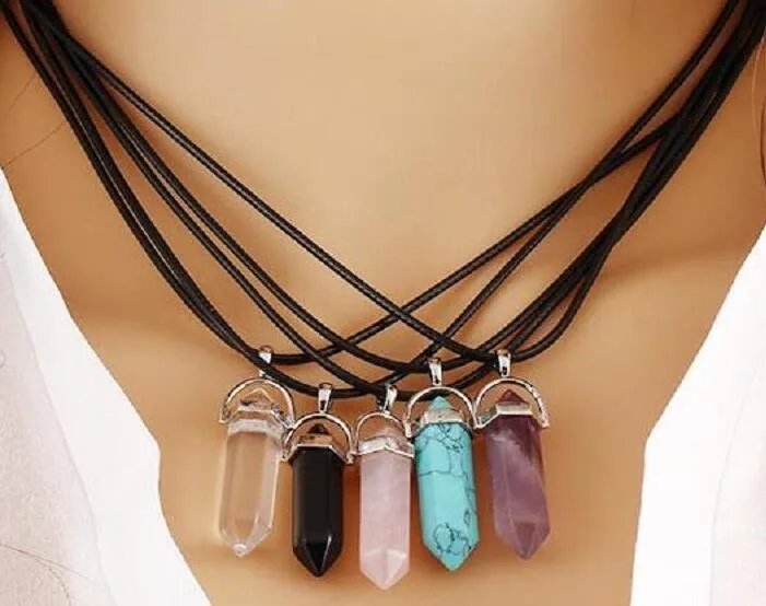 Elegante bala Chains Pendant colares de aço inoxidável Hexagonal Prism Cristal Natural Pedra preços dos homens jóia mulheres fábrica / 
