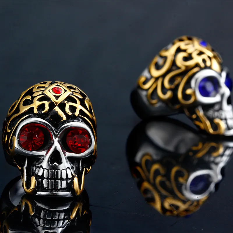 Bule Red Jewel Jewelry SkeletonringメンズチタンスチールVintgaアンティーク仕上げDiamante Electrapleteクールナイトクラブアクセサリースカルリング