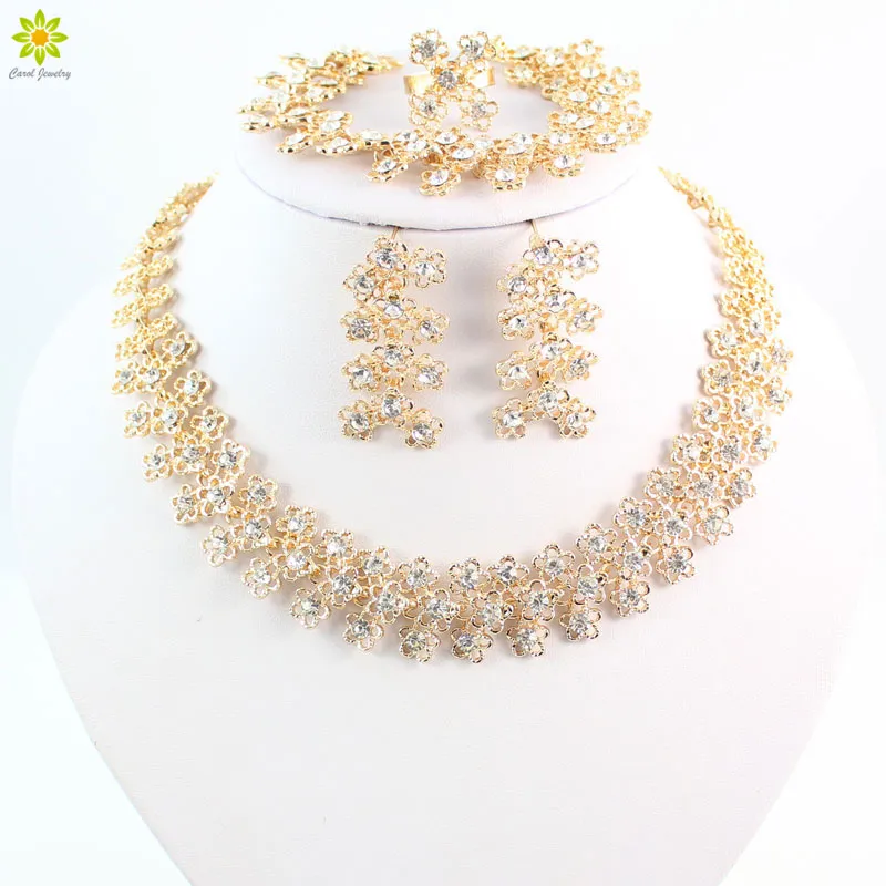 Jewelry Sets For Women Gold Plated Clear Crystal Party Wedding Necklace Bangle Earrings Ring Wedding Dress Accessories Costume