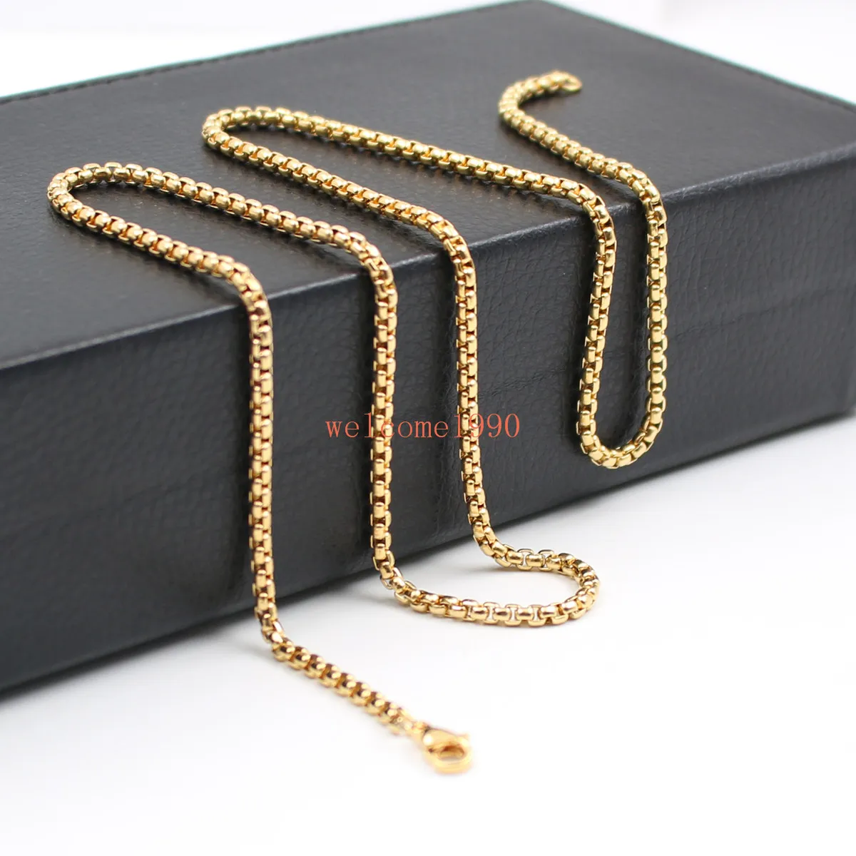 Wholesale jewelry wide 3mm Box Rolo Chain Necklace Stainless Steel Fashion Men's Women Jewelry Silver / gold / black 18 inch-32 inch