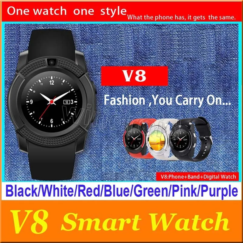 Luxury Bluetooth Smart Watch V8 con slot per schede SIM TF Supporto GSM sbloccato Telefonata con fotocamera per telefono Android IOS + scatola al dettaglio 10 pezzi