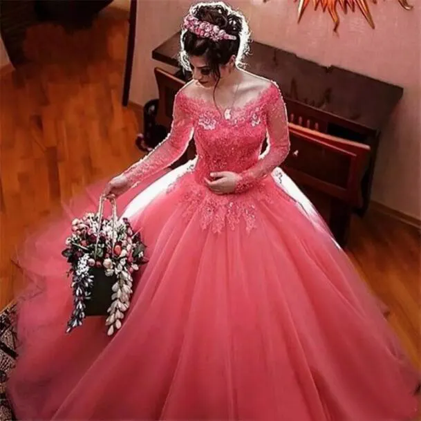 Romantic 2017 Coral Lace Ball Gown Wedding Dresses With Long Sleeves Tulle Off The Shoulder Beads Back Covered Buttons Bridal Gowns EN8152