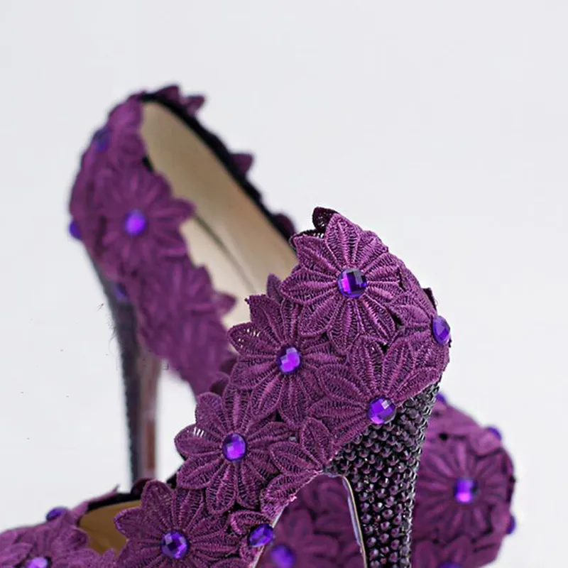 紫色のレースの花の花嫁の靴14cmハイヒールのスティレットヒールのフォーマルドレスシューズ女性デザイナーハイヒールの卒業プロムポンプ