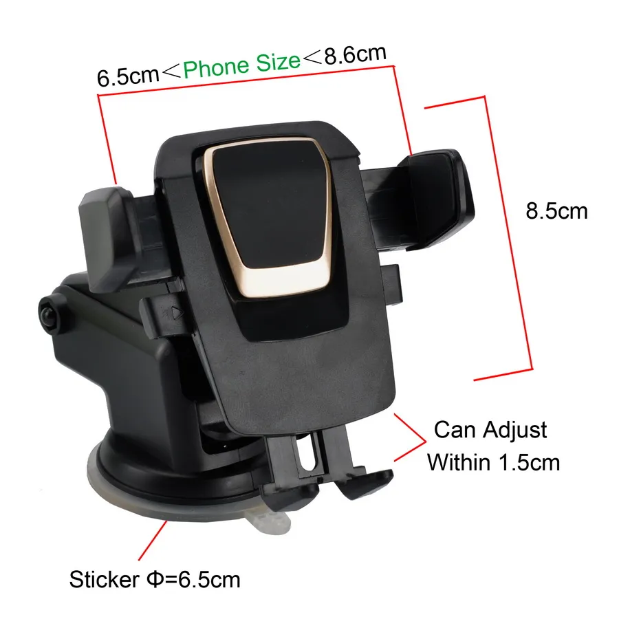 360 graden roterende auto-mounts voor iPhone x Samsung Android Cellphone Easy One Touch Smart Phone Holder Handfree Dashboard Rack met Pakket