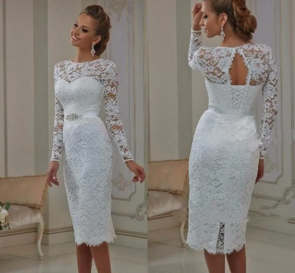 Bridal Gowns Vintage Tea Length Lace Long Sleeves Wedding Dresses 2022 Sheath Jewel Neck vestido de noiva Summer mariage