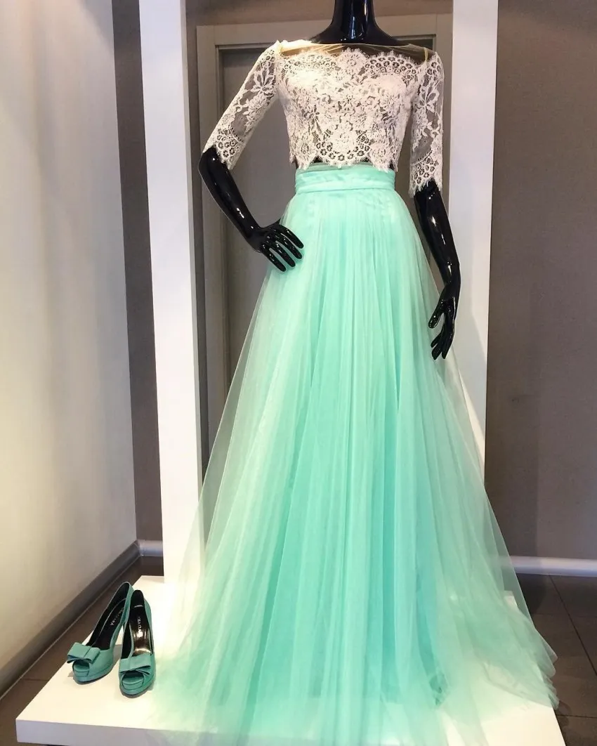 Off Shoulder Peach Pink Two Piece Short Sleeve Prom Dress With