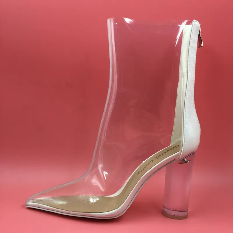 Temizle Plastik Düğün Ayakkabı Çizmeler Sivri Burun Ayak Bileği Yüksek Kadın Çizmeler Kısa Geri Fermuar Özel Renk Blok Topuklu Temizle Tıknaz topuklu