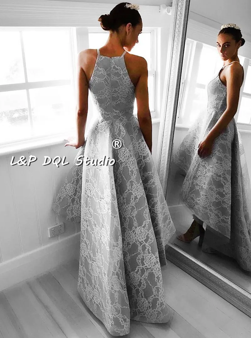 Prom Dresses Hi Lo Asymmetry Grey Satin Prom Dress with Lace Sexy Evening Dress party Gowns Zipper Back Formal Gowns
