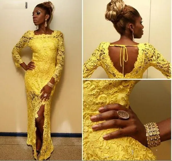 Dentelle jaune à manches longues robes de bal fille noire dos ouvert fendu robes de soirée gaine formelle fête Pageant robes sur mesure