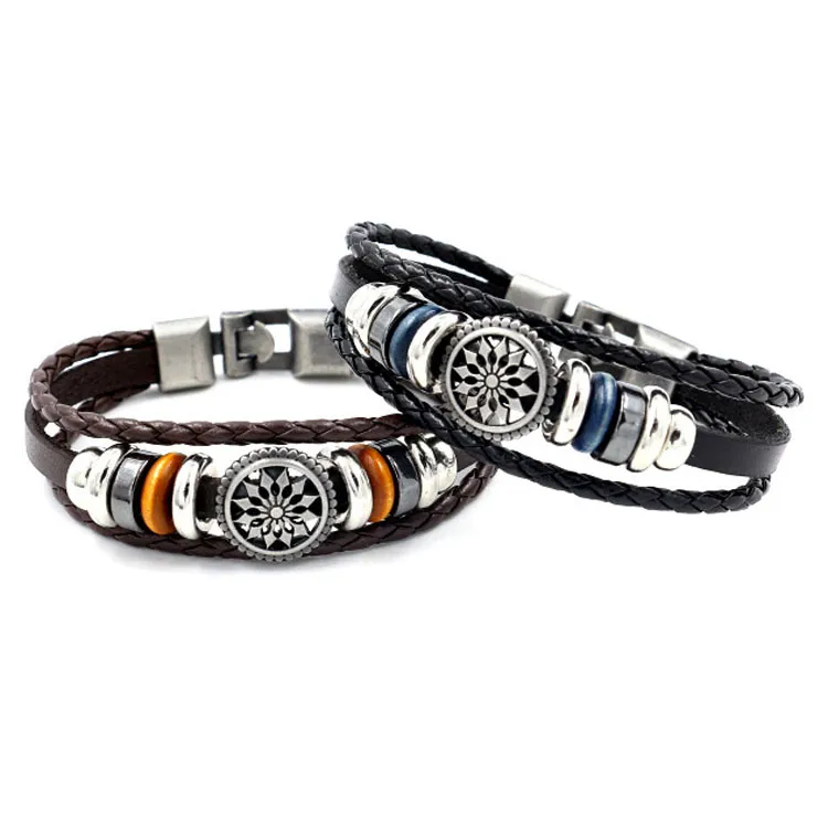 Forma flor genuína pulseira de couro charme trança envoltório pulseira cuffs homens braceletes presente de jóias